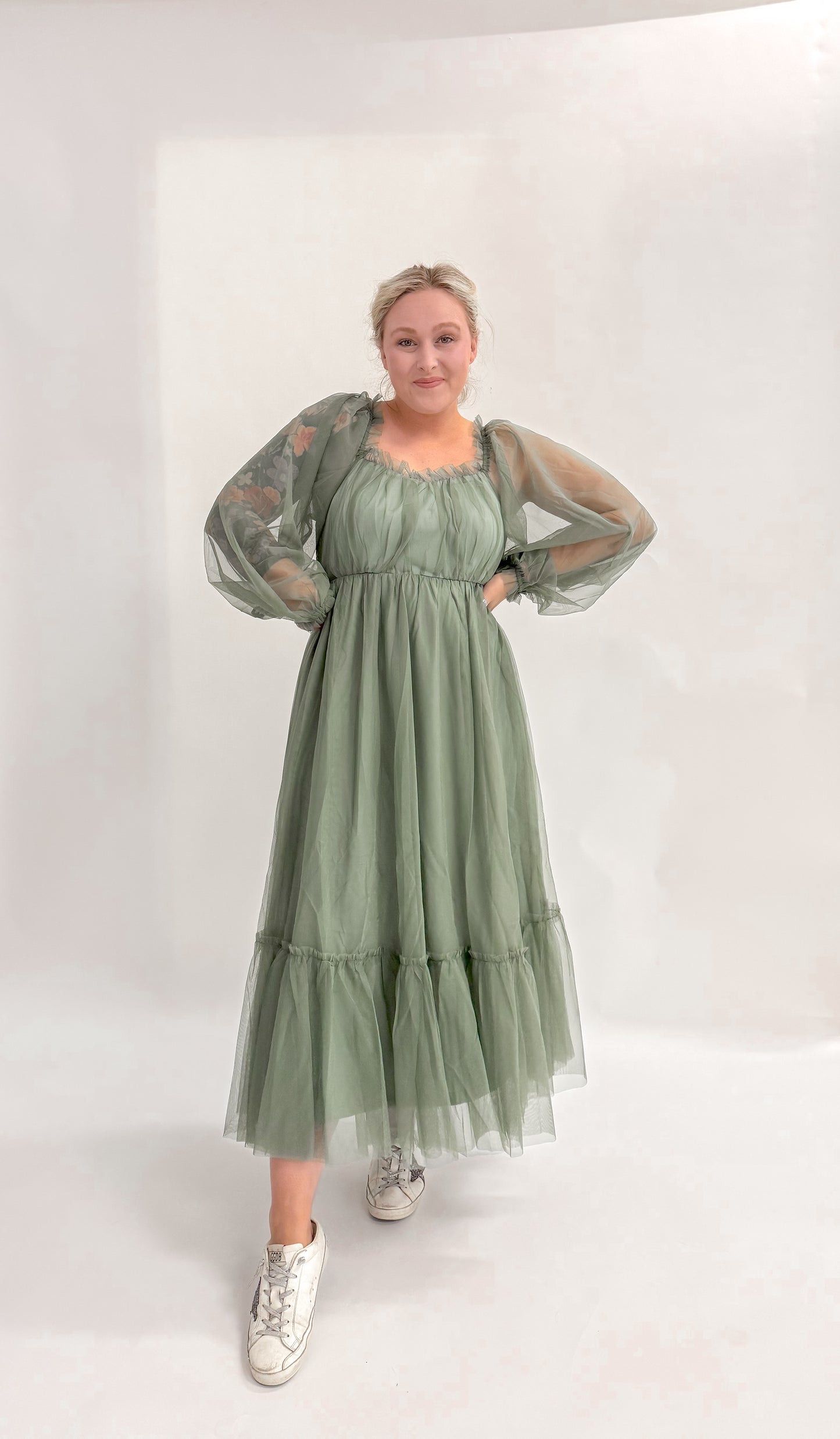 14th St. Long Sleeve Green Tulle Maxi Dress